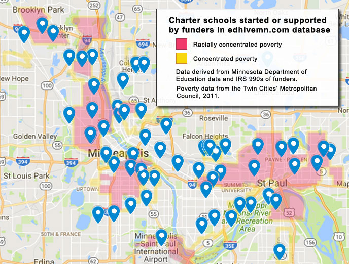 Charter schools started or supported by the funders, underlaid by areas of concentrated racial poverty (red) and concentrated poverty (yellow)