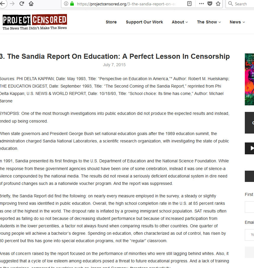 The Sandia Report was censored because it refused Nation at Risk